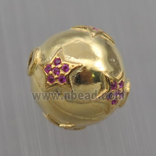 Sterling Silver round beads paved zircon, star, gold plated