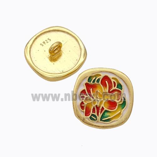 925 Sterling Silver Button Beads Flower Enamel Gold Plated