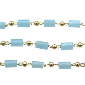 copper chain with blue crystal glass beads, tube, gold plated, approx 2.5x5mm
