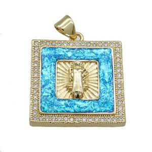 Copper Square Pendant Pave Fire Opal Zircon Jesus 18K Gold Plated, approx 21mm