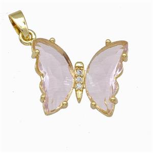 Pink Chinese Crystal Glass Butterfly Pendant Gold Plated, approx 15-20mm