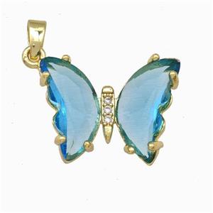 Blue Chinese Crystal Glass Butterfly Pendant Gold Plated, approx 15-20mm