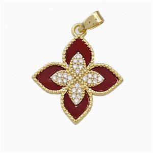 Copper Clover Pendant Pave Zirconia Red Shell Gold Plated, approx 18mm