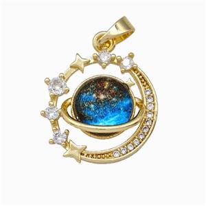 Copper Planet Moon Pendant Pave Zirconia Gold Plated, approx 16mm