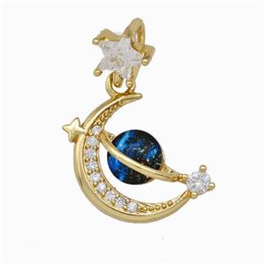 Copper Moon Planet Pendant Pave Zirconia Gold Plated, approx 7mm, 12-14mm
