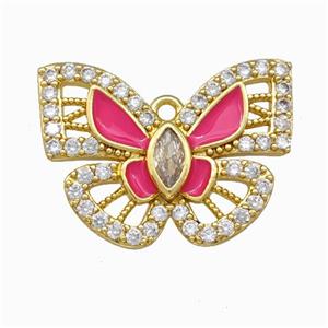 Copper Butterfly Pendant Pave Zircoina Hotpink Enamel Gold Plated, approx 18-25mm