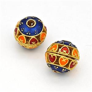 Copper Round Beads Multicolor Painted Hollow Gold Plated, approx 10-11mm