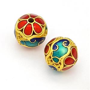 Copper Round Beads Multicolor Painted Hollow Gold Plated, approx 11mm