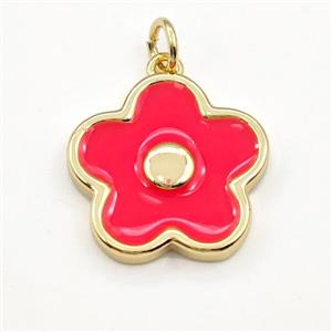 Copper Flower Pendant Red Enamel Gold Plated, approx 17mm