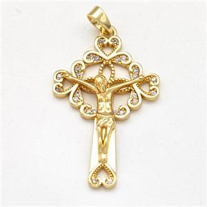 Jesus Cross Charms Copper Pendant Pave Zirconia Gold Plated, approx 20-30mm