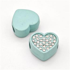 Green Resin Heart Beads Micro Pave Rhinestone Large Hole, approx 15mm, 3mm hole