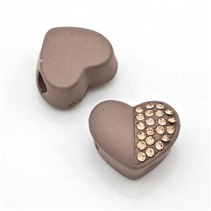 Coffee Resin Heart Beads Micro Pave Rhinestone Large Hole, approx 16.5mm, 3mm hole