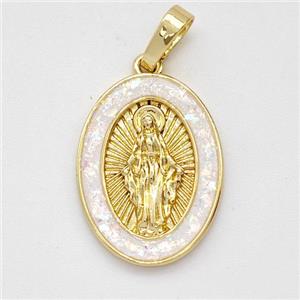 Virgin Mary Charms Copper Pendant Pave White Fire Opal 18K Gold Plated, approx 14-19mm