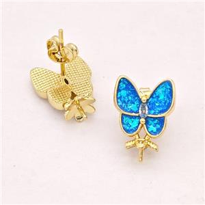 Copper Butterfly Stud Earrings Pave Blue Fire Opal 18K Gold Plated, approx 6mm, 10x10mm