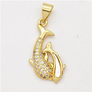 Copper Dolphin Pendant Pave Shell Zirconia 18K Gold Plated, approx 11-20mm