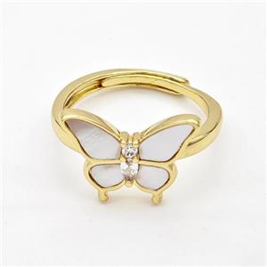 Copper Butterfly Rings Pave Shell Adjustable 18K Gold Plated, approx 12-16mm, 18mm dia