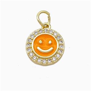 Copper Emoji Pendant Pave Zirconia Orange Enamel Smile Face Gold Plated, approx 11.5mm