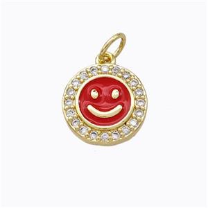 Copper Emoji Pendant Pave Zirconia Red Enamel Smile Face Gold Plated, approx 11.5mm