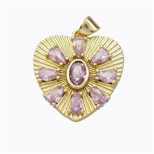 Copper Heart Pendant Micropave Pink Zirconia Gold Plated, approx 21mm