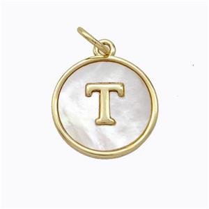 Copper Letter-T Pendant Pave Shell Gold Plated, approx 16mm