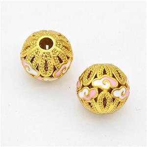 Copper Round Beads Pink Painted Cloud Gold Plated, approx 10mm