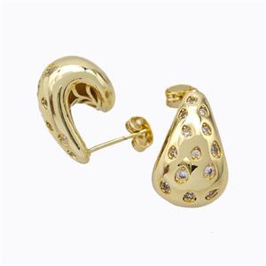 Copper Comma Stud Earrings Micropave Zirconia Hollow Gold Plated, approx 14-20mm