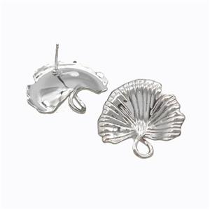 Copper Stud Earrings Ginkgo Leaf Platinum Plated, approx 23-25mm