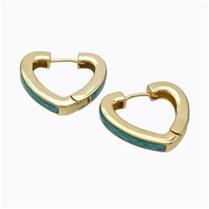 Copper Heart Latchback Earrings Green Painted Gold Plated, approx 25mm