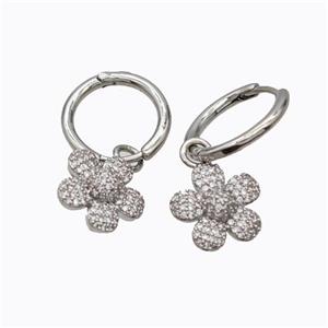 Copper Flower Hoop Earrings Pave Zirconia Platinum Plated, approx 13.5mm, 16mm dia