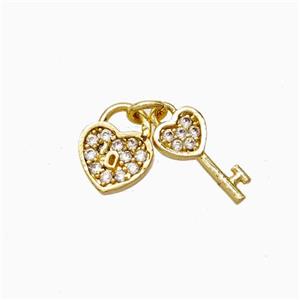 Copper Heart Lock And Key Pendant Micropave Zirconia Gold Plated, approx 5-10mm, 7mm