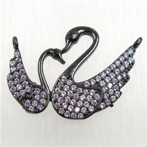 copper couple swan pendant paved zircon with 2loops, black plated, approx 20-27mm