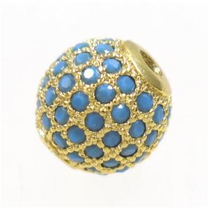 round copper beads paved zircon, gold plated, approx 10mm dia