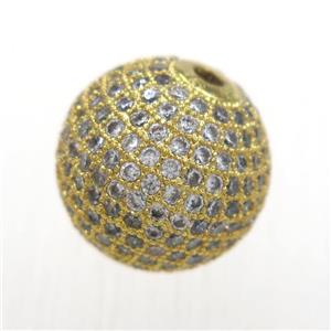 round copper beads paved zircon, gold plated, approx 8mm dia
