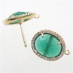 copper earring studs paved zircon with green crystal glass, gold plated, approx 15-17mm