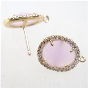 copper earring studs paved zircon with pink crystal glass, gold plated, approx 15-17mm