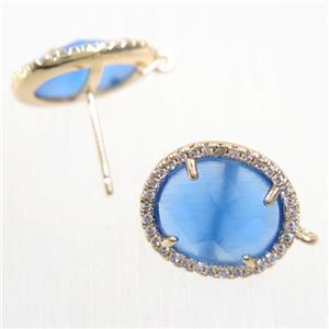 copper earring studs paved zircon with blue crystal glass, gold plated, approx 15-17mm
