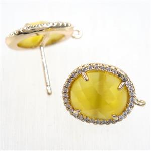 copper earring studs paved zircon with yellow crystal glass, gold plated, approx 15-17mm