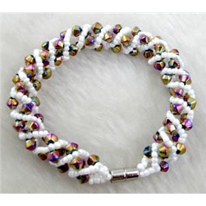 Chinese Crystal Glass Bracelet, colorful, 10mm wide, 70mm dia, glass bead:4mm, seed bead:2mm