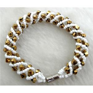 Chinese Crystal Glass Bracelet, gold plated, 10mm wide, 70mm dia, glass bead:4mm, seed bead:2mm