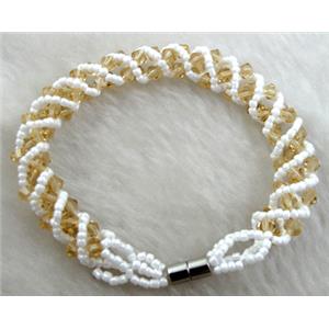 Chinese Crystal Glass Bracelet, golden, 10mm wide, 70mm dia, glass bead:4mm, seed bead:2mm