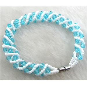 Chinese Crystal Glass Bracelet, aqua, 10mm wide, 70mm dia, glass bead:4mm, seed bead:2mm