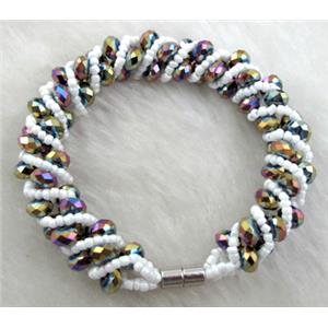 Chinese Crystal Glass Bracelet, purple rainbow, 10mm wide, 70mm dia, glass bead:6mm, seed bead:2mm