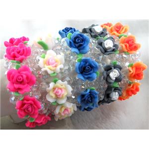 fimo clay bracelet with crystal glass, stretchy, mixed color, 28mm wide, flower:20mm, approx 7 inch length