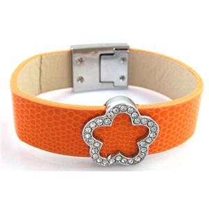 PU Leather Bracelet, alloy bead with mideast rhinestone, 18mm wide, 8 inch length