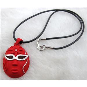 lacquered mask Necklace, alloy, rubber cord, red, 28x45mm, 16 inch length