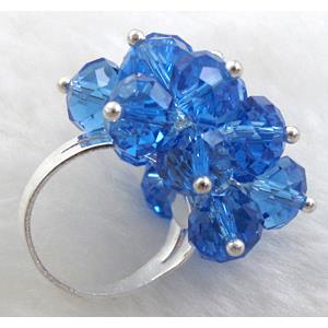 handcraft Crystal glass ring, blue, ring:18mm dia, glass bead:8mm