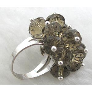 handcraft Crystal glass ring, smoky, ring:18mm dia, glass bead:8mm