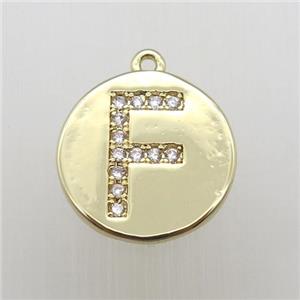 copper letter-F pendant pave zircon, gold plated, approx 14mm dia