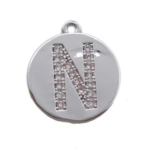 copper letter-N pendant paved zircon, platinum plated, approx 14mm dia
