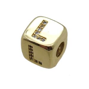 copper letter-L beads paved zircon, cube, gold plated, approx 8.5mm, 4mm hole